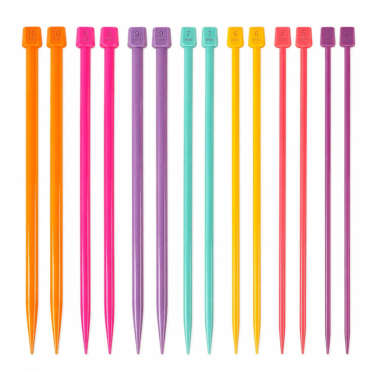KN005 colorful 25 cm plastic straight knitting needle set with 14 needles in sizes 4 to 10 mm