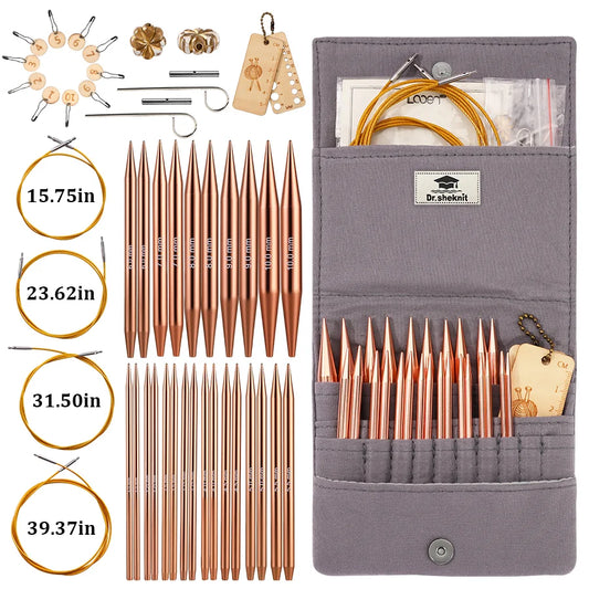 KN042-C8 rose gold interchangeable circular knitting needle set with cables, accessories and gray case