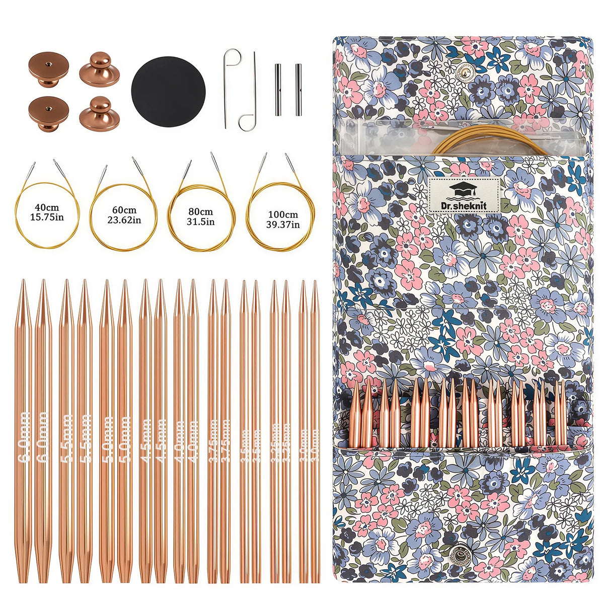 KN045-C2 rose gold interchangeable circular knitting needle set with four cables and floral storage pouch