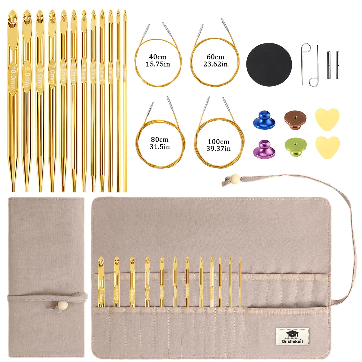 KN054-C11 set of 12 gold crochet hooks with gray storage case, 3.0–10.0 mm