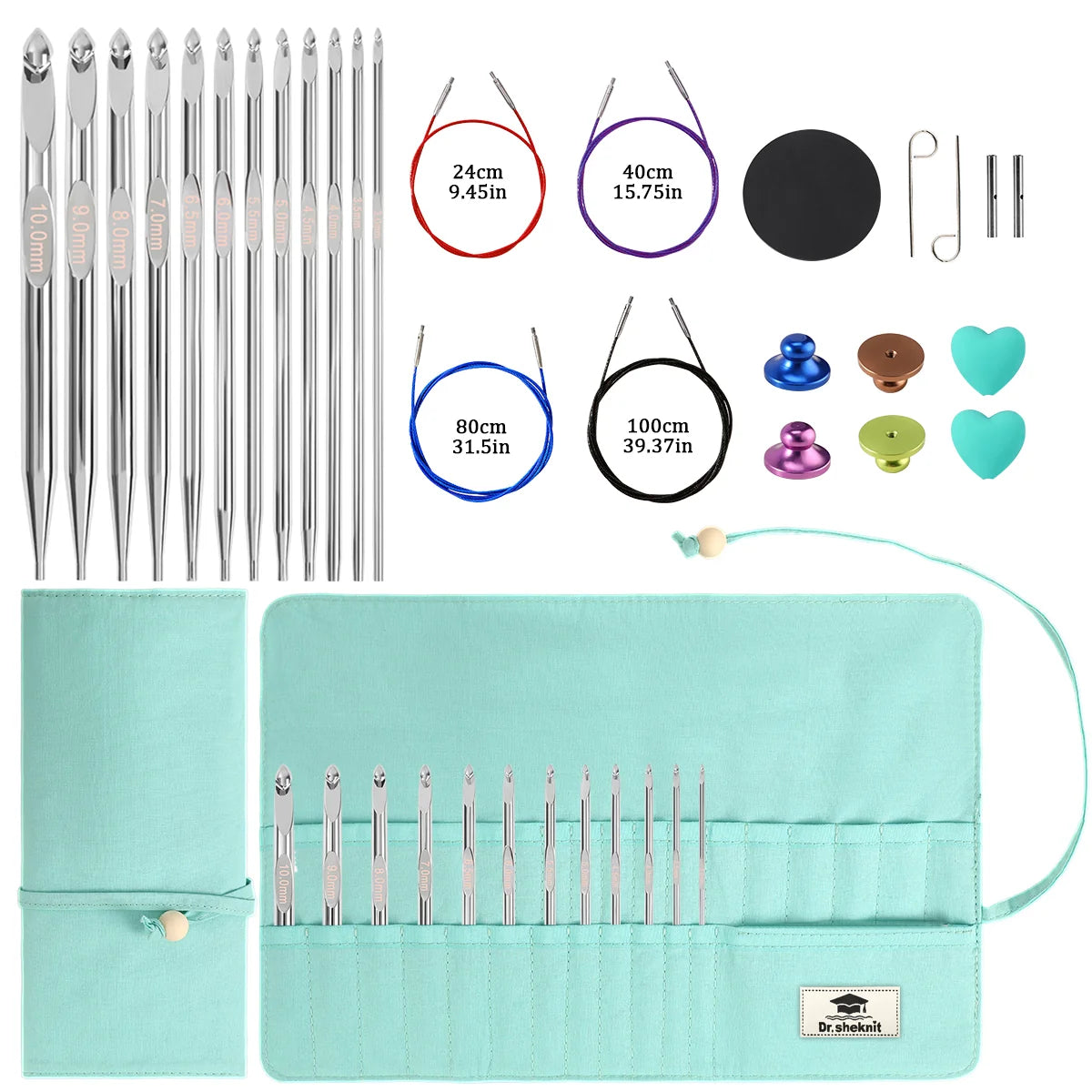 KN054-C12 set of 12 gold crochet hooks with Tiffany blue storage case, 3.0–10.0 mm