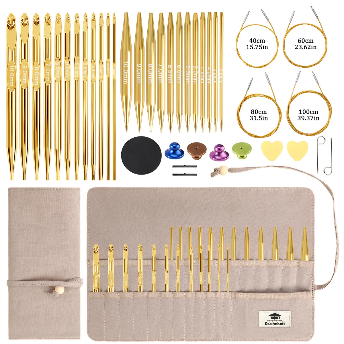 KN054-C13 set with 12 gold crochet hooks and 12 gold circular knitting needle sizes