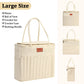 Large beige yarn storage bag shown from the front, back and side with long carrying handles