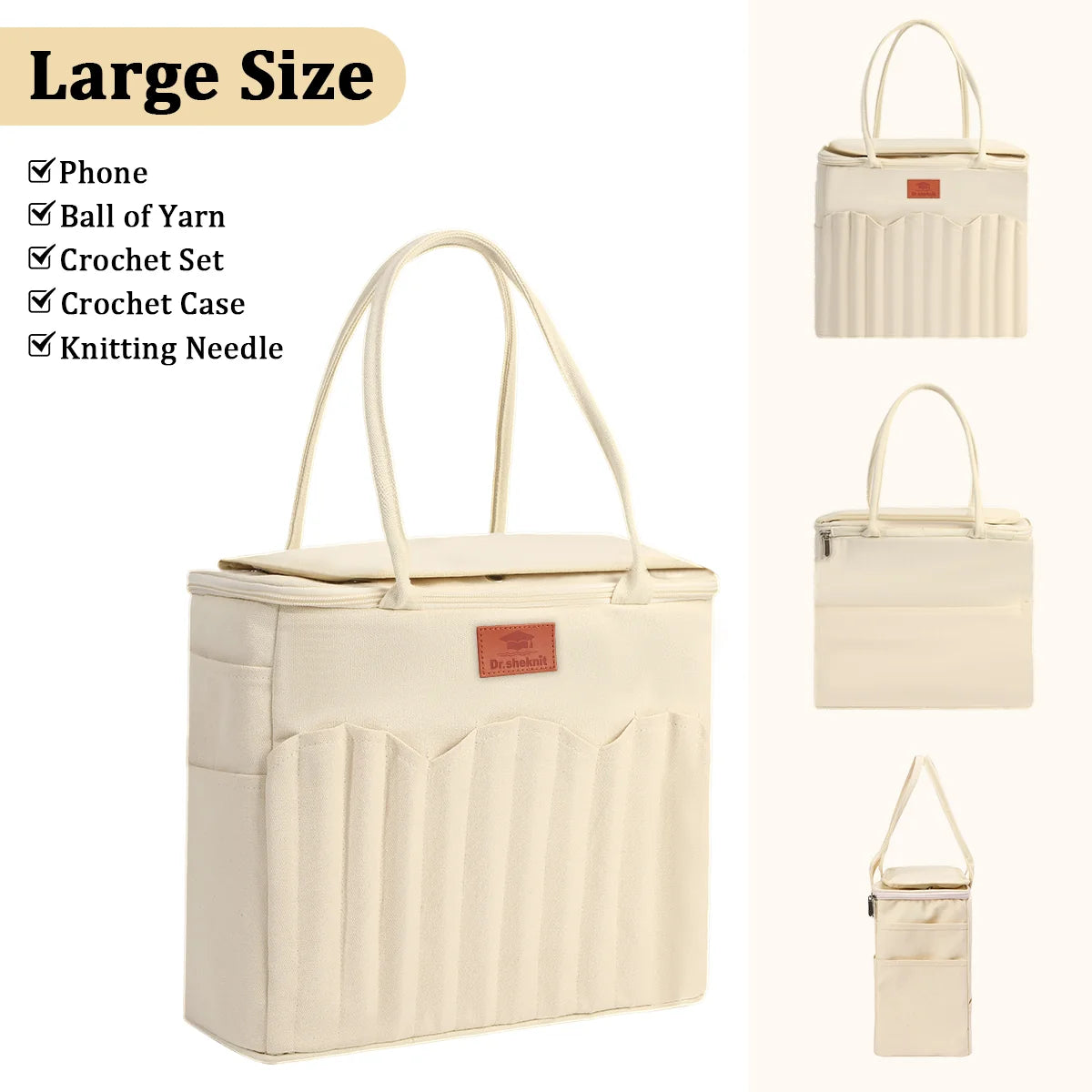 Large beige yarn storage bag shown from the front, back and side with long carrying handles