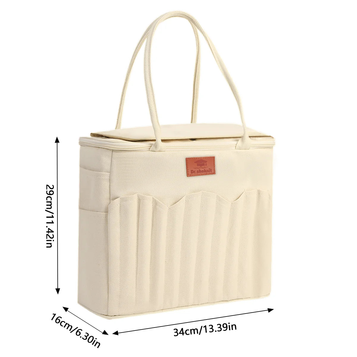 Large knitting storage bag measuring 34 by 29 by 16 cm with handles and exterior pockets