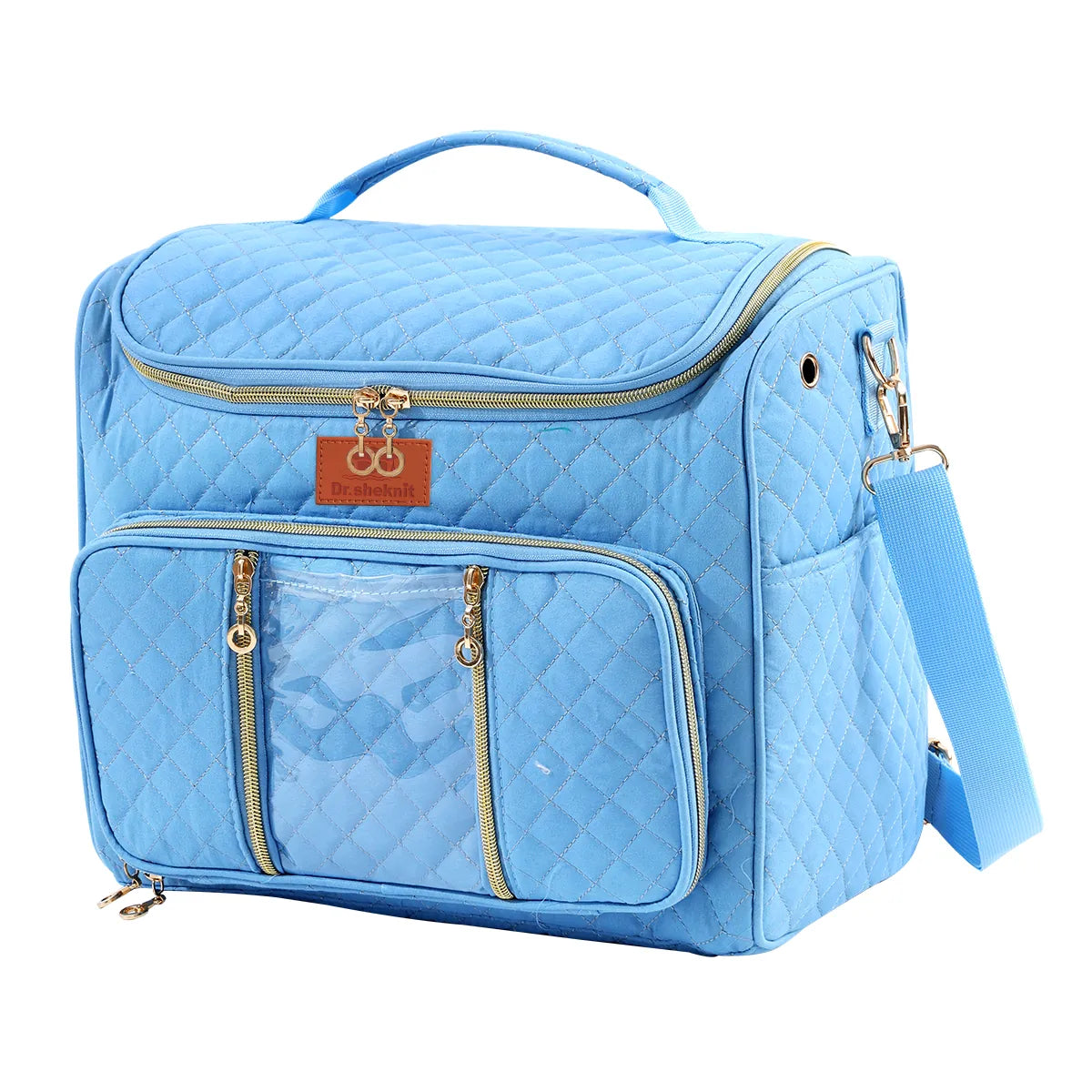 Closed light blue quilted yarn storage bag with detachable shoulder strap