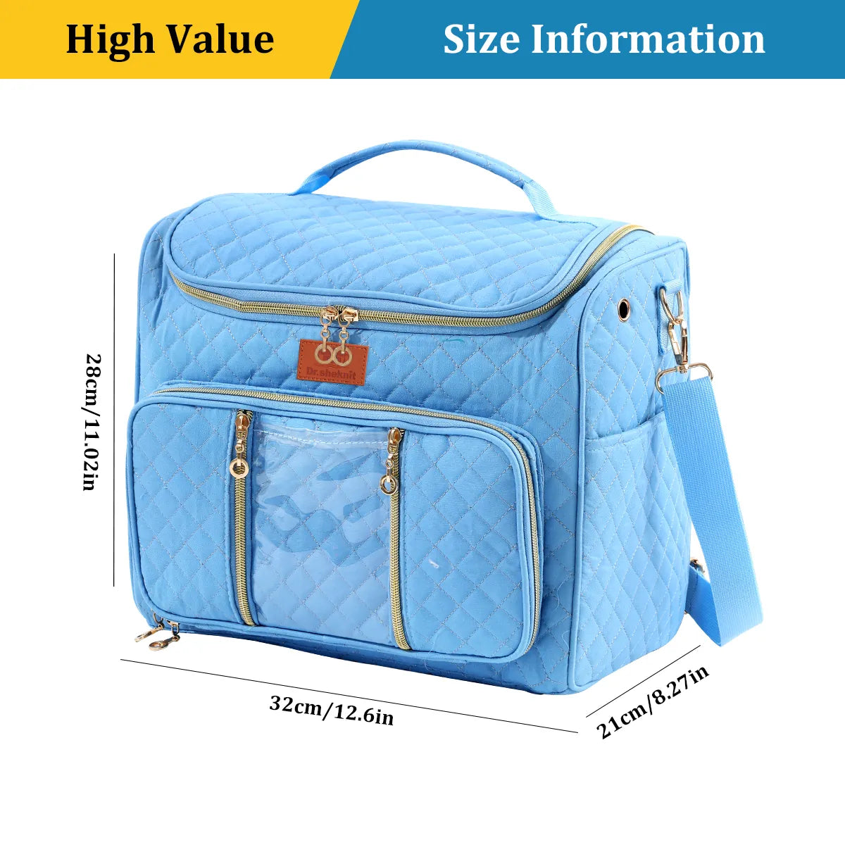 Light blue quilted yarn storage bag dimensions, 32 by 28 by 21 centimeters