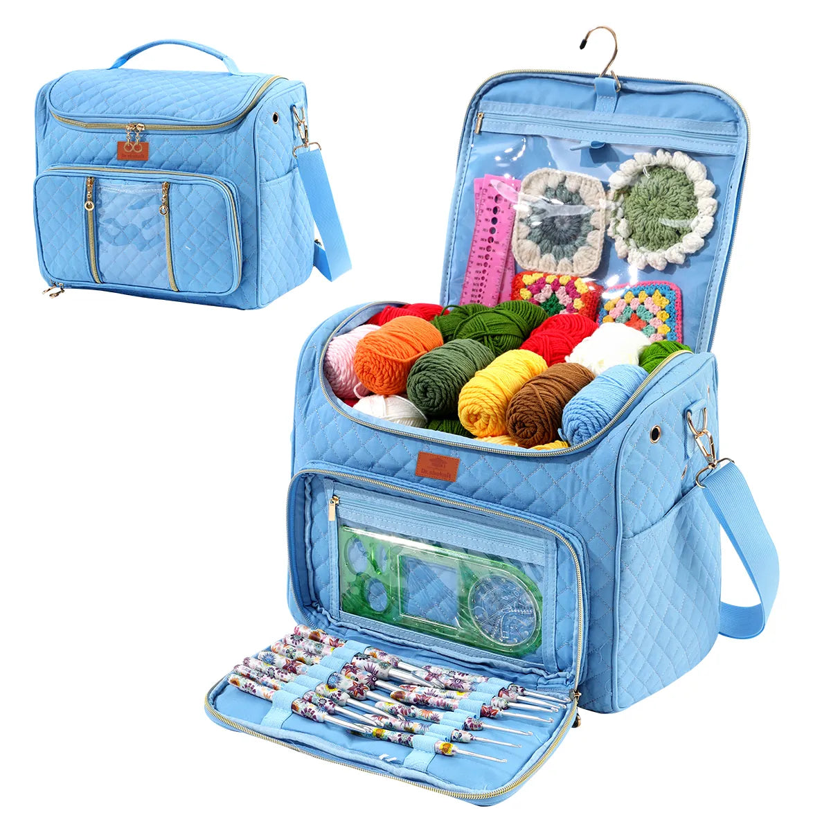 Light blue quilted yarn storage bag with clear front pocket and shoulder strap