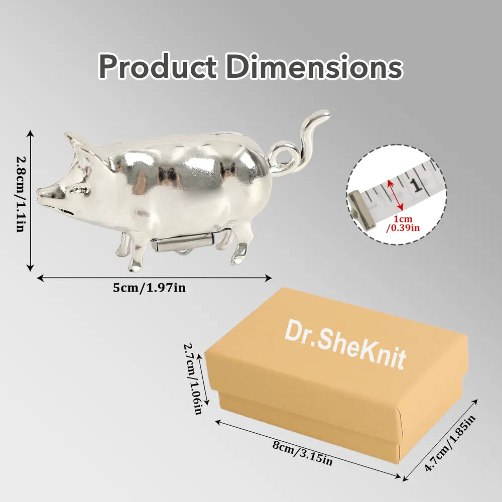 Dimensions of silver pig tape measure and Dr.SheKnit kraft gift box