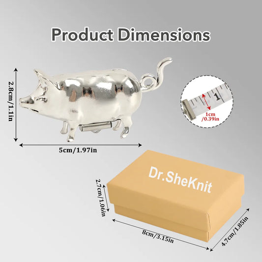 Dimensions of silver pig tape measure and Dr.SheKnit kraft gift box