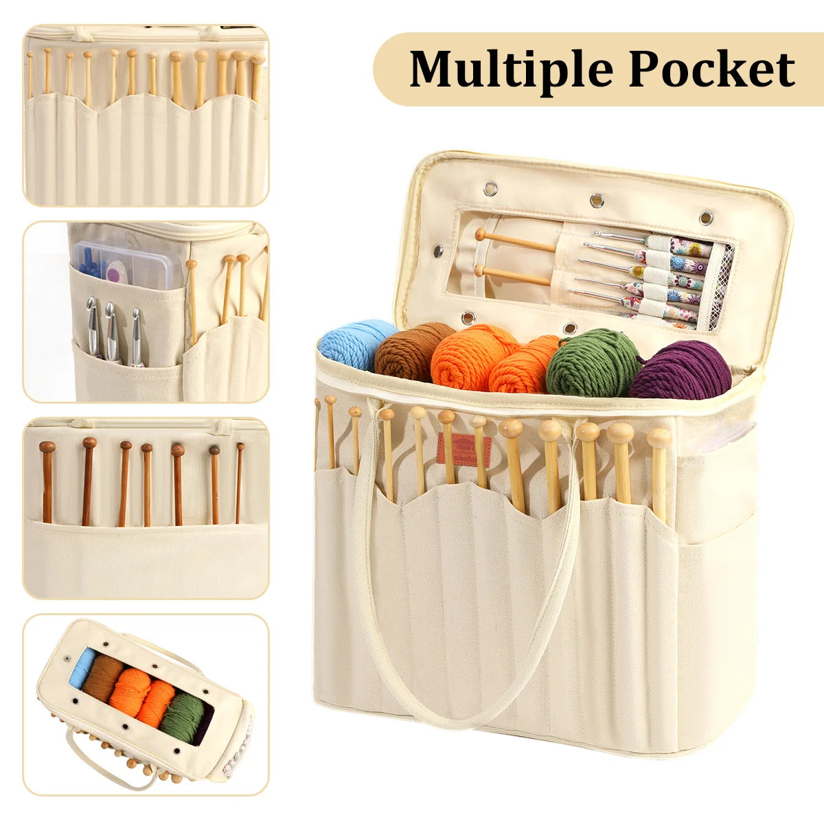 Beige knitting and crochet organizer bag with pockets for hooks, needles, yarn and accessories