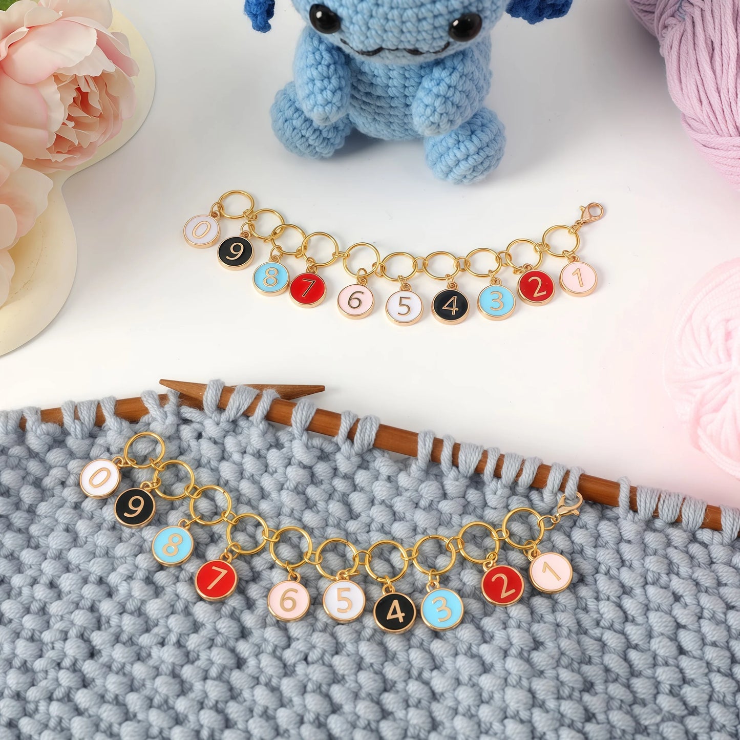 Numbered Knitting Stitch Marker Set 0–9 with Holder Chain – AC366-C1