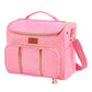 Closed pink quilted yarn storage bag with front organizer pocket