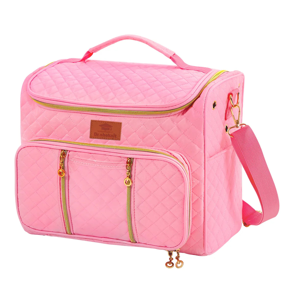 Closed pink quilted yarn storage bag with front organizer pocket