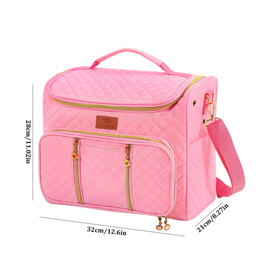 Pink quilted yarn storage bag dimensions, 32 by 28 by 21 centimeters