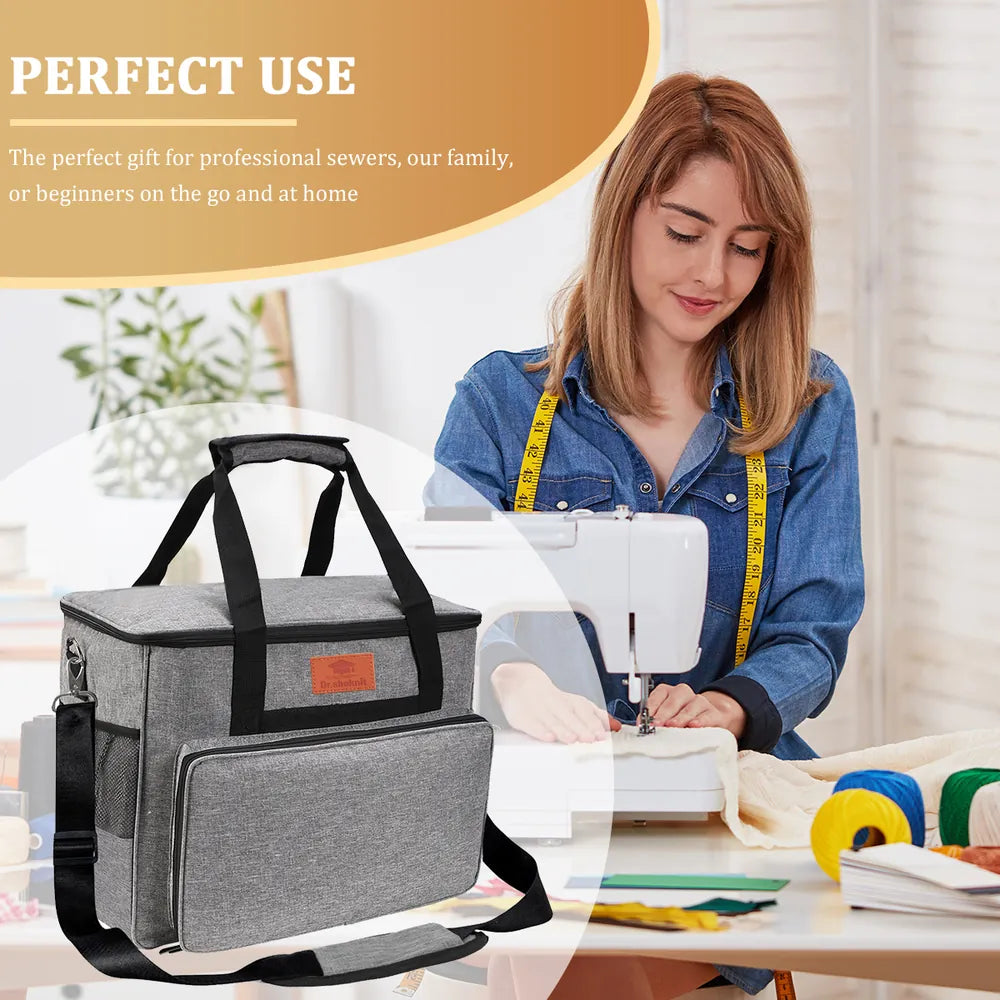 Front, back, side and bottom views of gray sewing machine carrying case