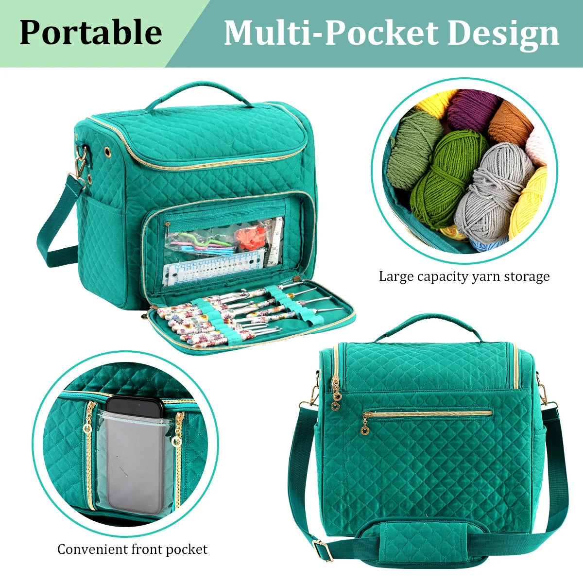 Quilted Yarn Storage Bag with Crochet Hook Organizer – EB122