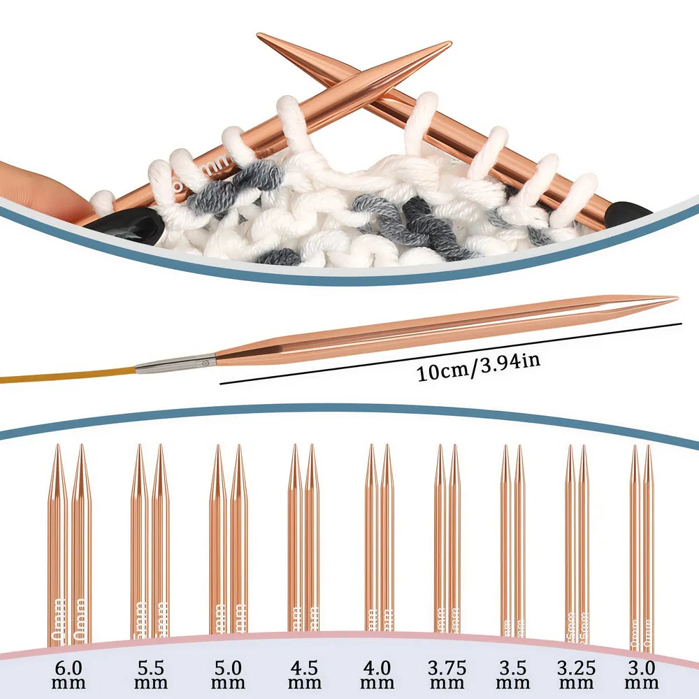 Nine rose gold interchangeable knitting needle sizes from 3.0 mm to 6.0 mm