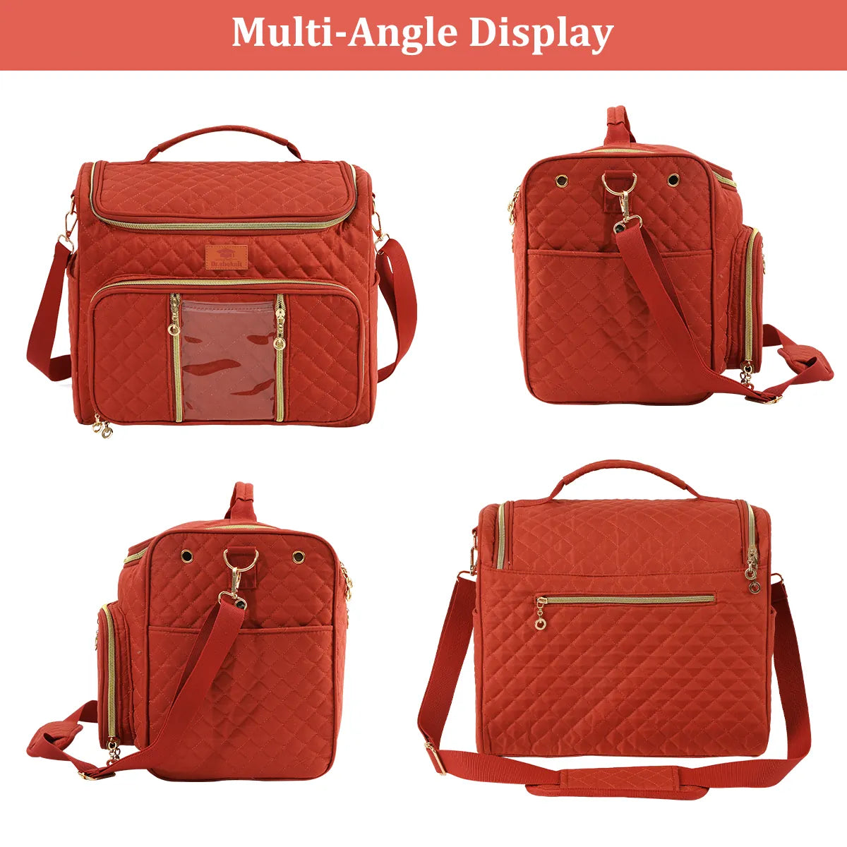 Multiple closed views of rust red quilted yarn storage bag