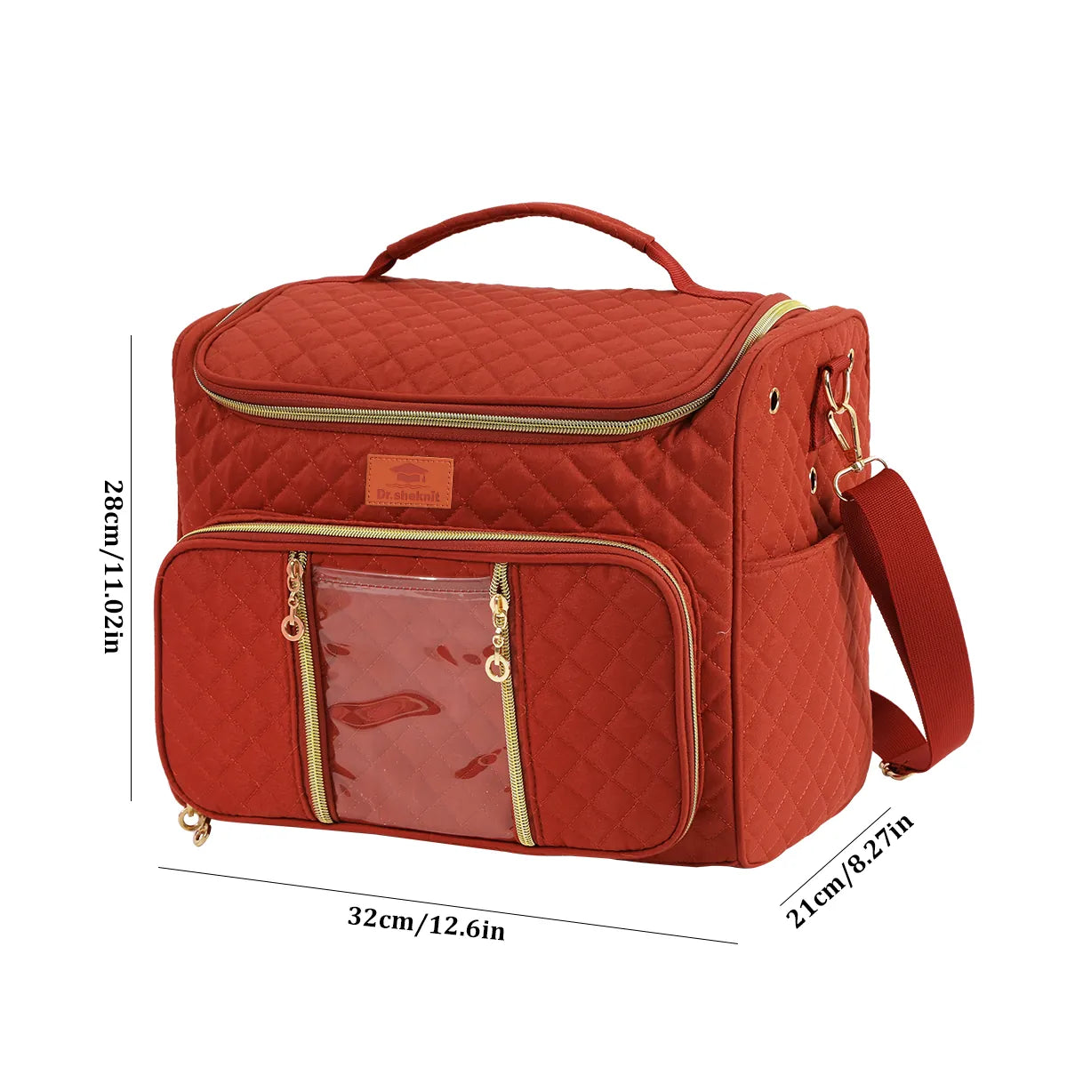 Rust red quilted yarn storage bag dimensions, 32 by 28 by 21 centimeters