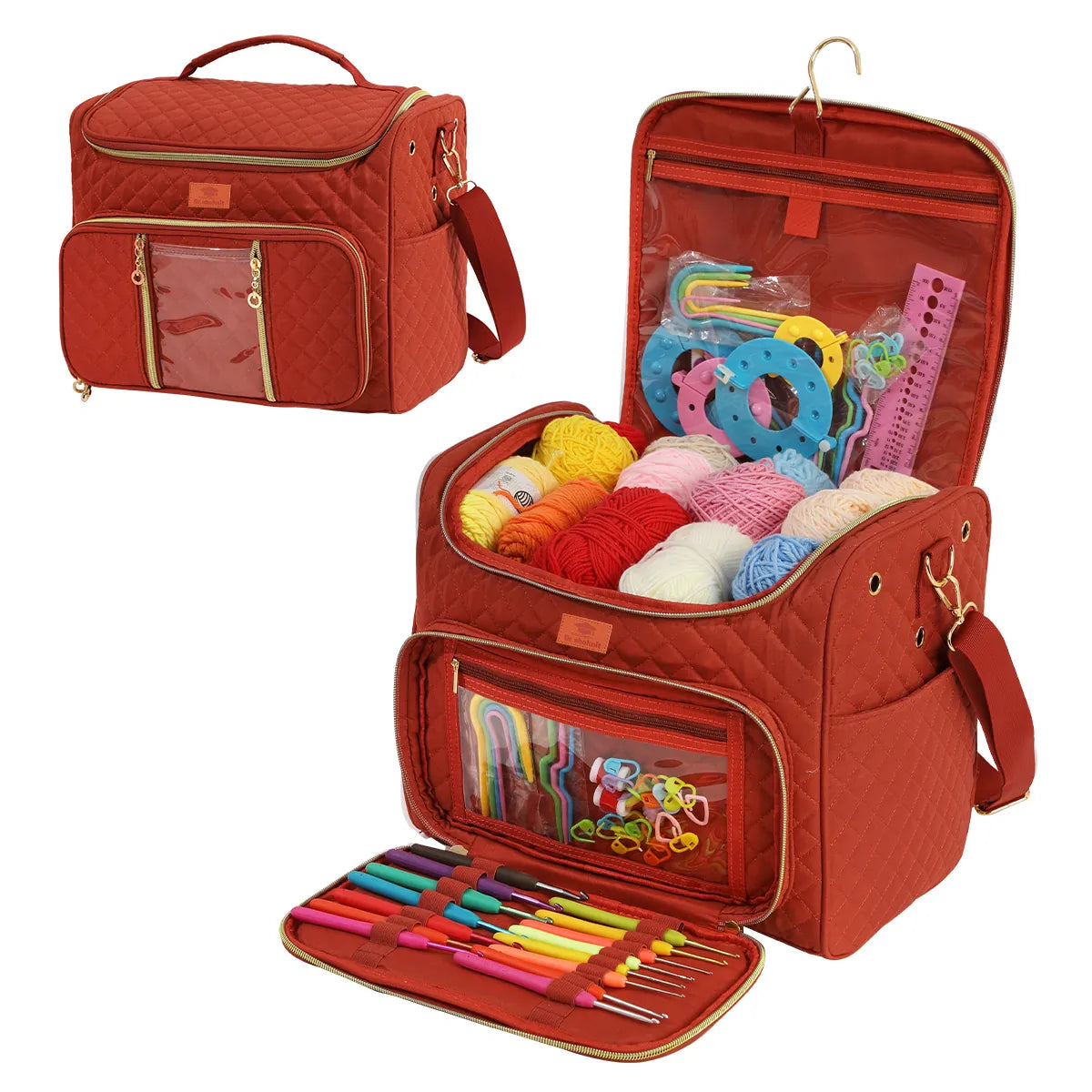 Rust red quilted yarn storage bag with clear front pocket and shoulder strap