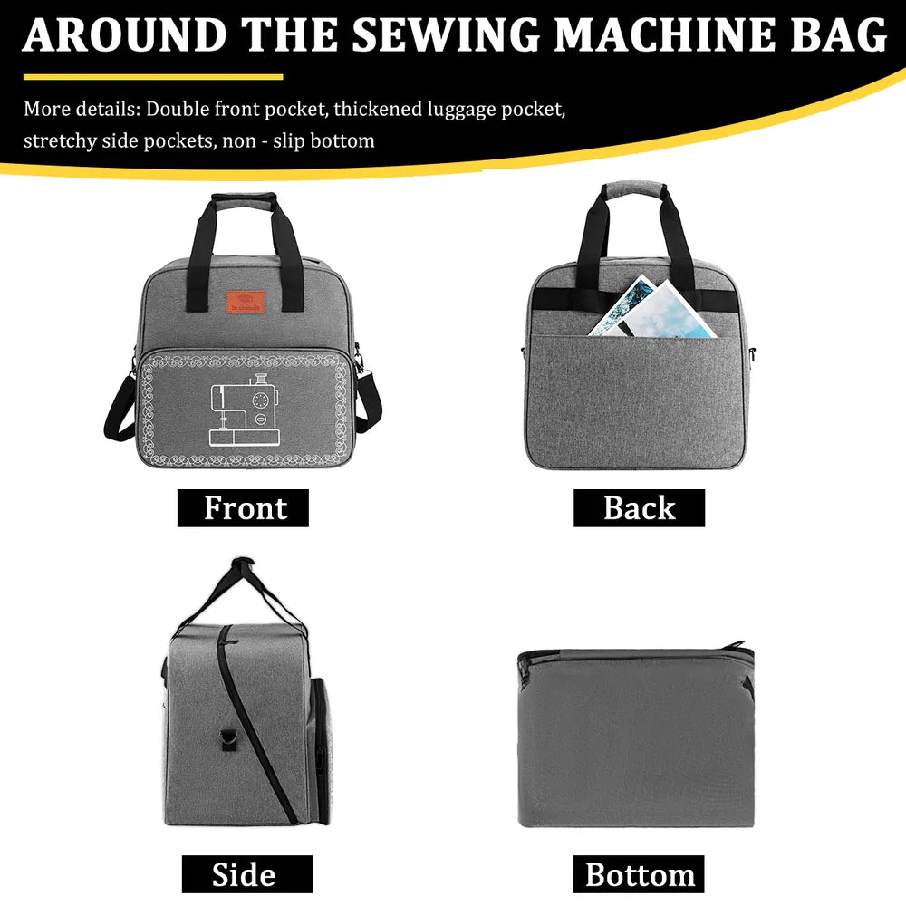 Front back side and bottom views of compact sewing machine carrying case