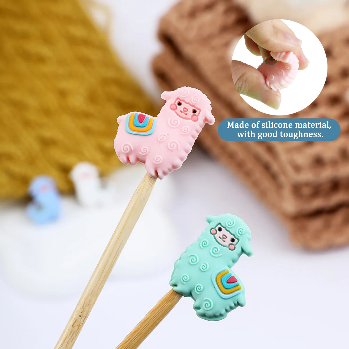 Soft flexible alpaca silicone needle tip protectors in pink and green