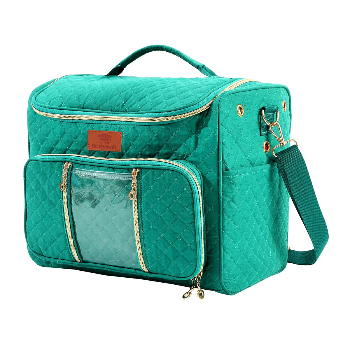 Closed teal quilted yarn storage bag with front organizer pocket