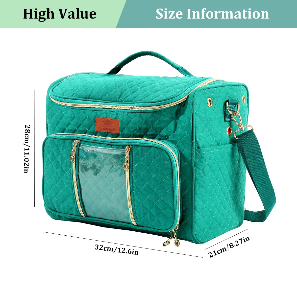 Teal quilted yarn storage bag dimensions, 32 by 28 by 21 centimeters