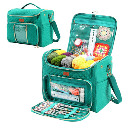 Teal quilted yarn storage bag with clear front pocket and shoulder strap