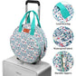 Embroidery bag details showing reinforced handles, water-resistant fabric and zippers