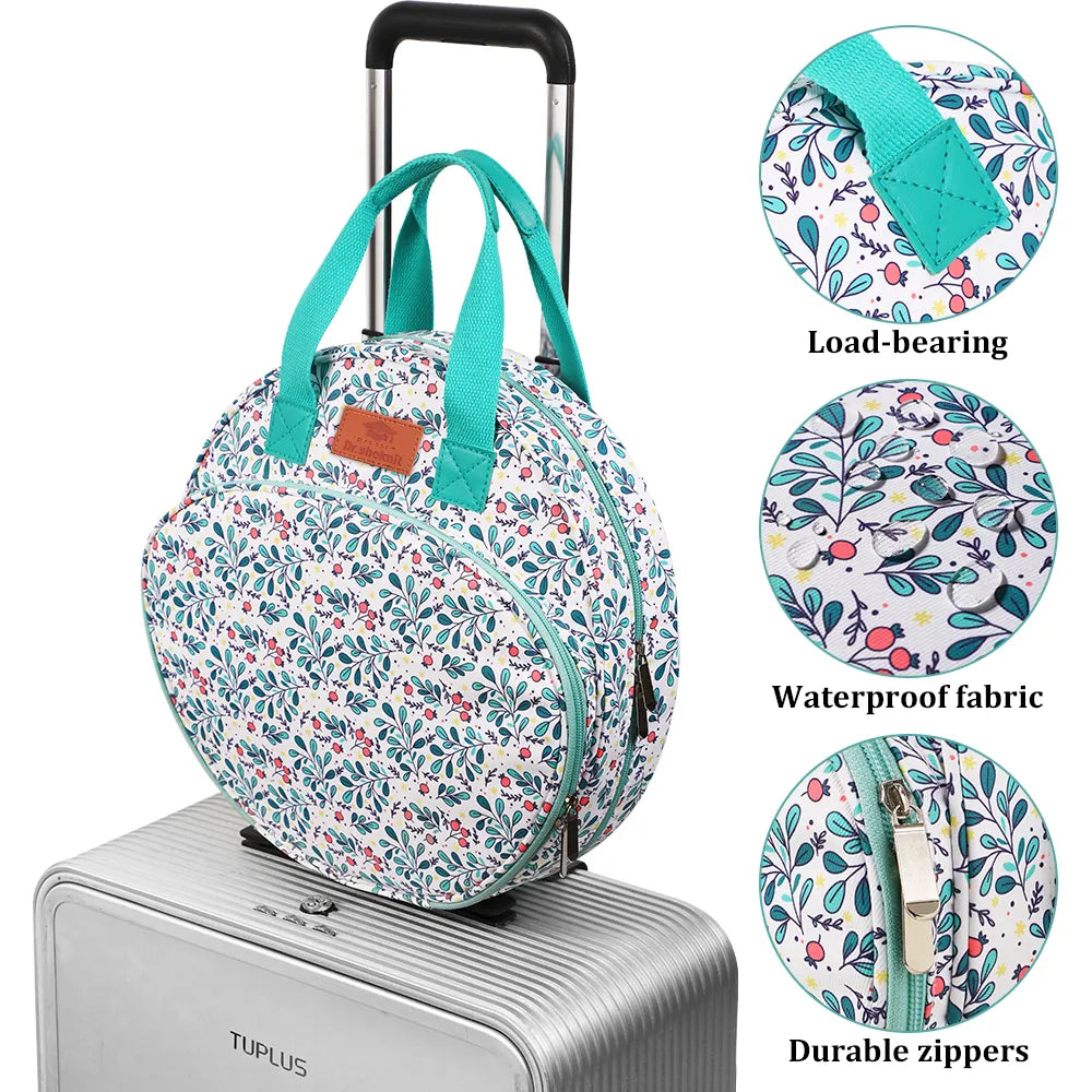 Embroidery bag details showing reinforced handles, water-resistant fabric and zippers