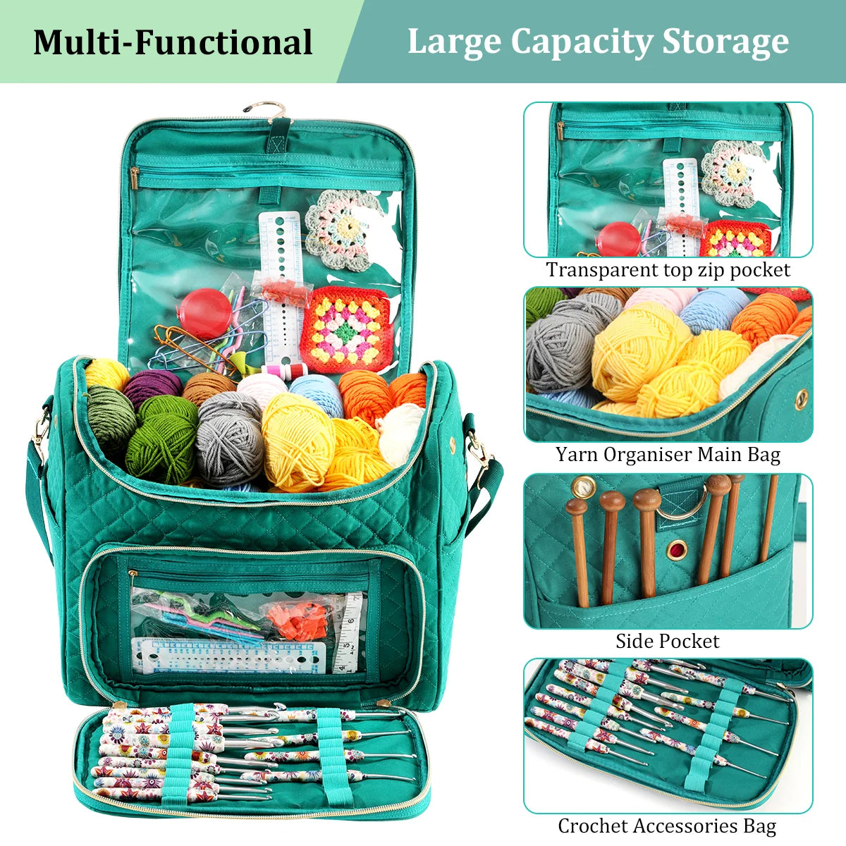 Quilted Yarn Storage Bag with Crochet Hook Organizer – EB122