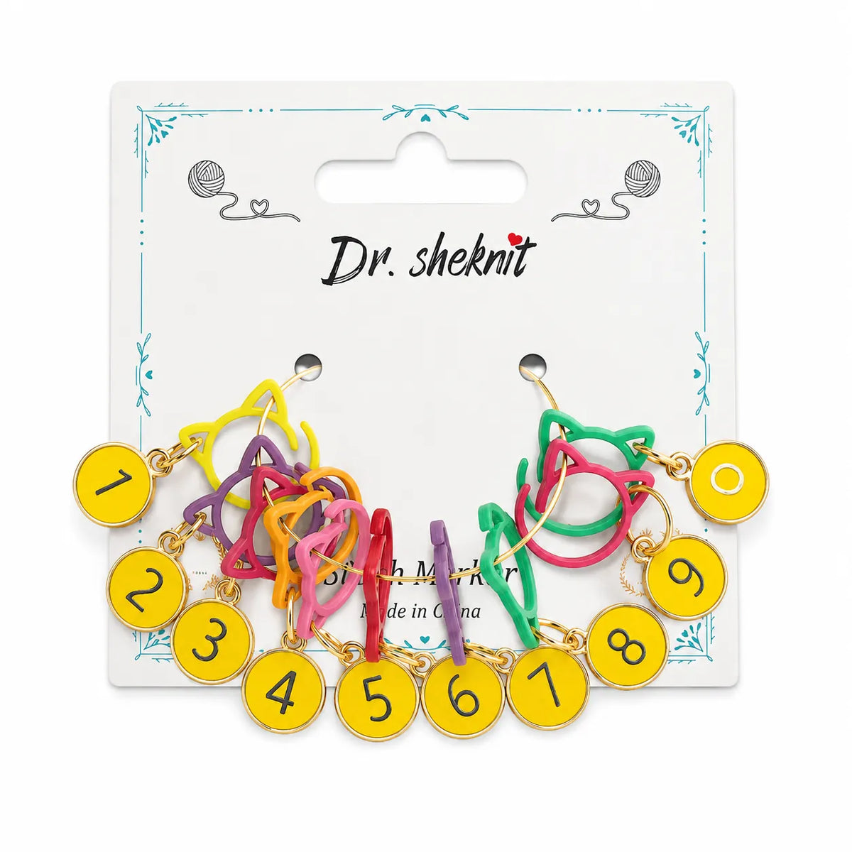 ZMDZ-ZM083-C22 numbered cat-ear stitch markers from 0 to 9 in assorted colors, 10-piece set